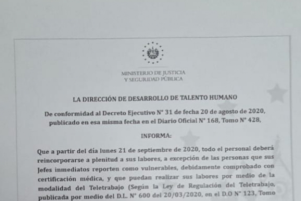 Memorando enviado a empleados del Ministerio de Seguridad