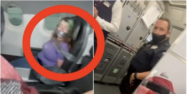 Video: Inmovilizan y amordazan a una mujer por intentar saltar del avión